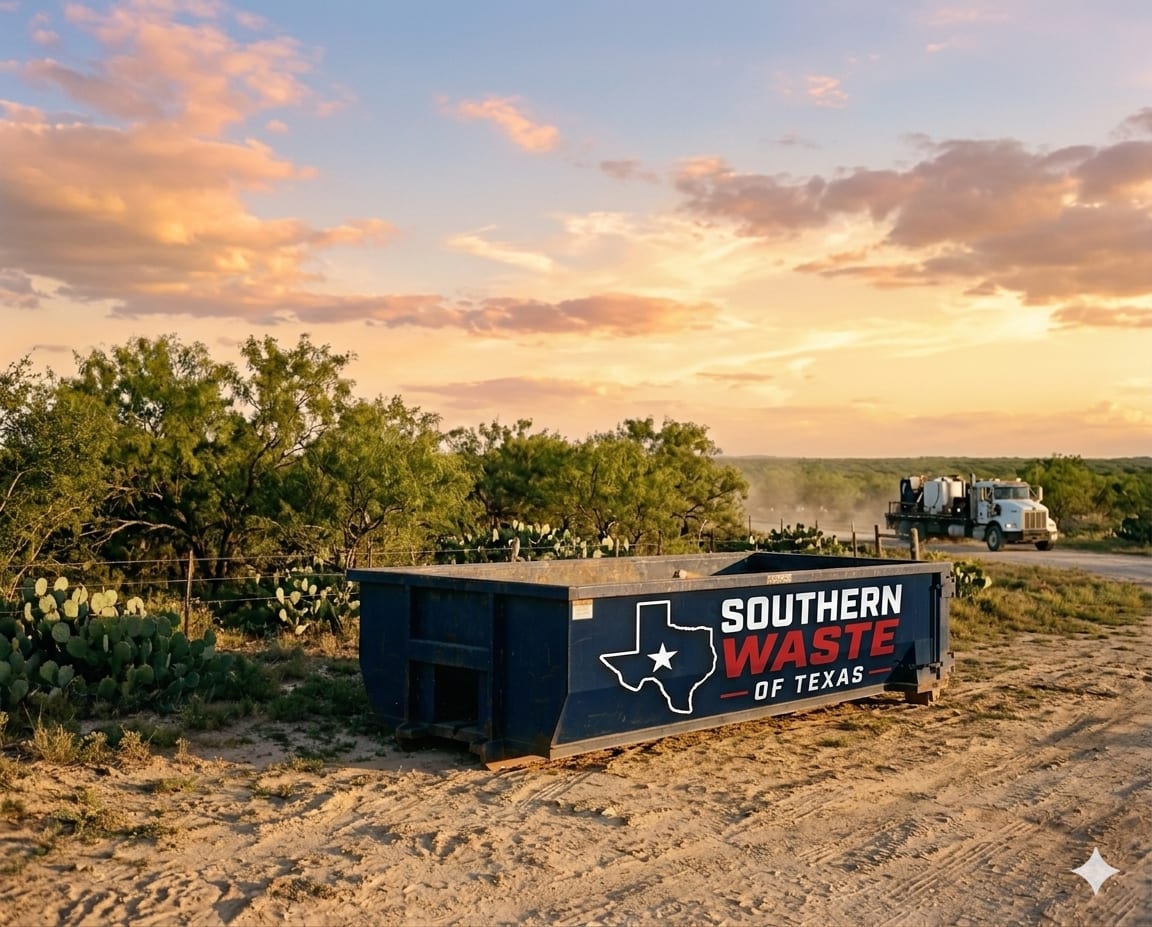 Southern Waste of Texas dumpster at a Helotes Hill Country home build