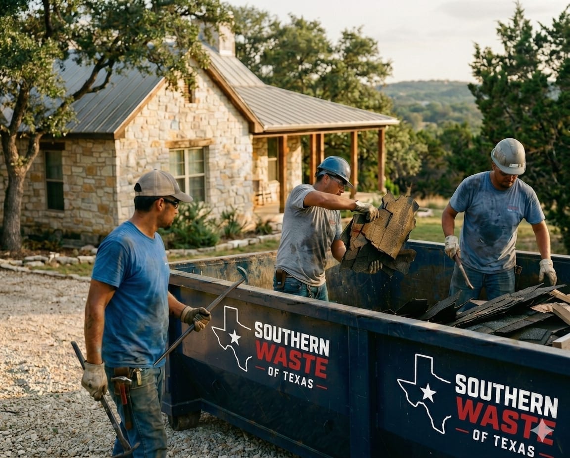 Southern Waste of Texas dumpster on a contractor job site