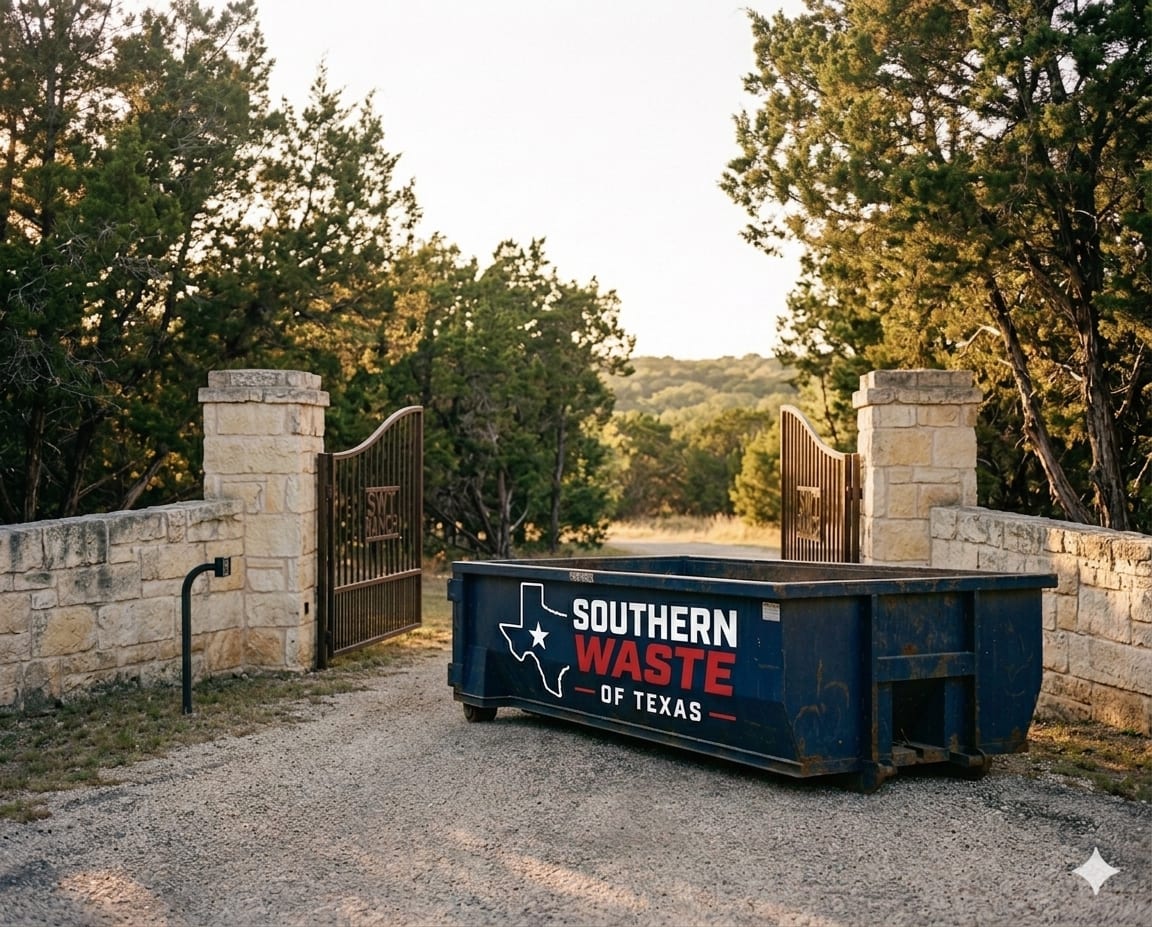 Navy blue Southern Waste of Texas roll-off dumpster on a San Antonio driveway