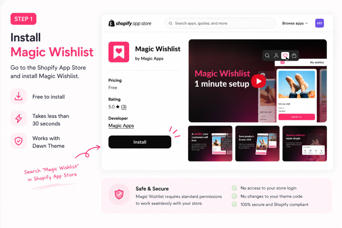 Installing Magic Wishlist from the Shopify App Store with the Add app button to begin setup on a Dawn theme store