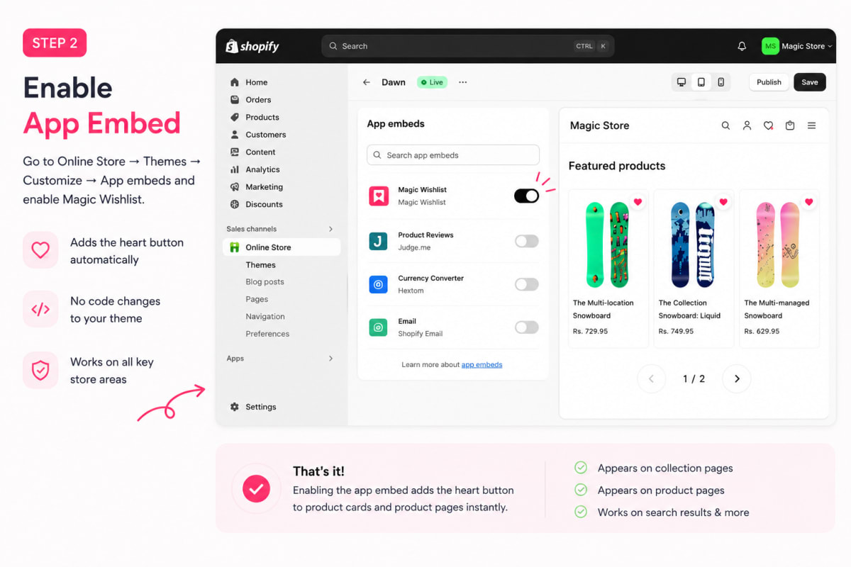 Enabling the Magic Wishlist app embed in the Shopify Dawn theme editor sidebar with the toggle switched on