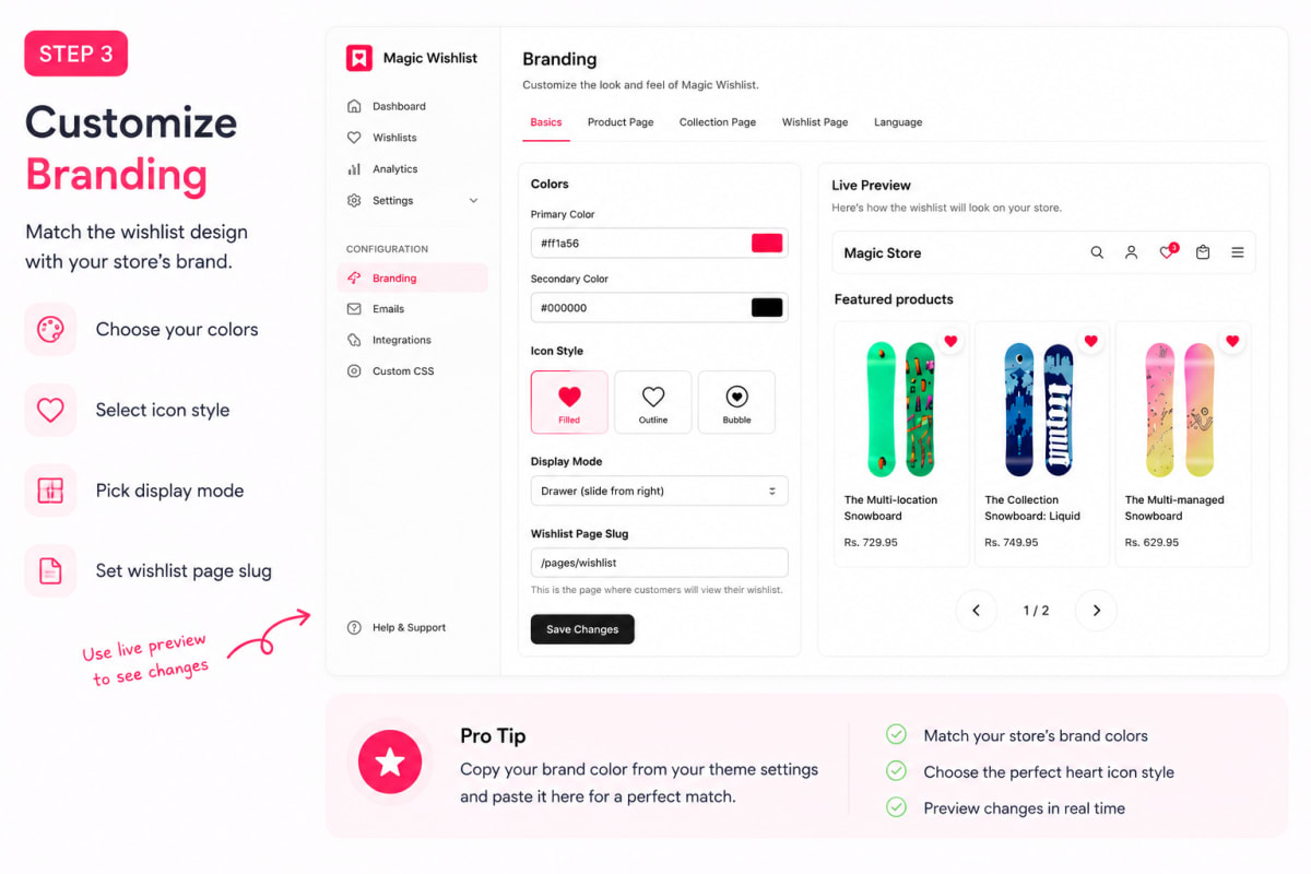 Magic Wishlist branding settings panel with primary color picker, heart icon style options, and wishlist display mode for the Shopify Dawn theme