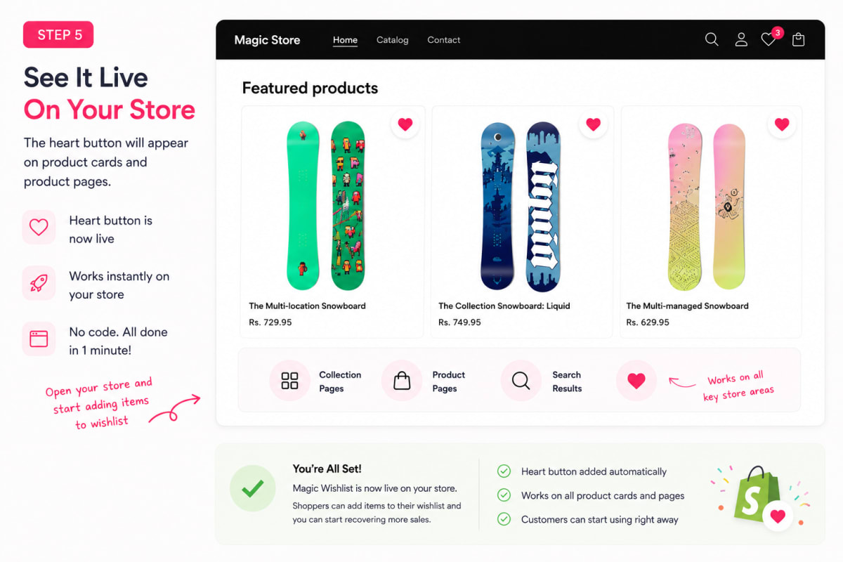 Heart-shaped wishlist button next to the product title on a Shopify Dawn theme product page after Magic Wishlist setup