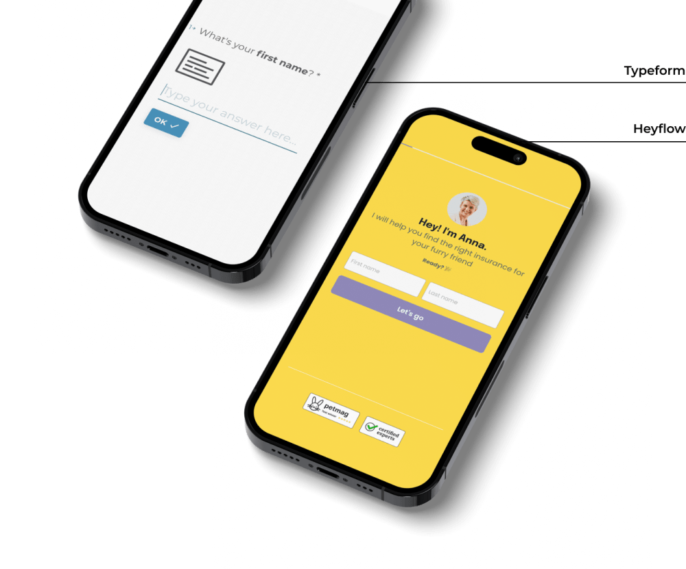 Zwei mobile Geräte nebeneinander mit Heyflow- und TypeForm-Flows