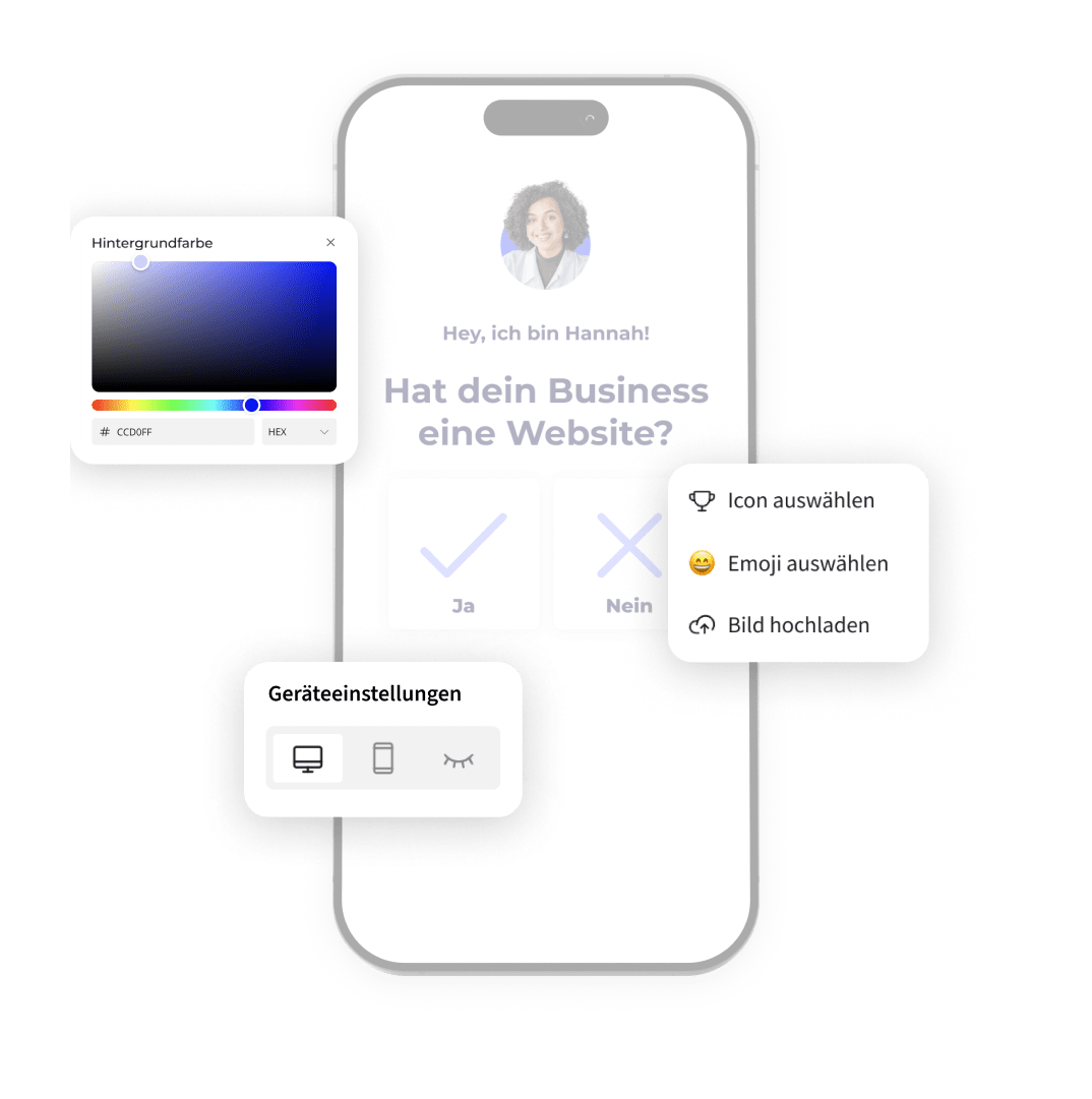 Mobiltelefon mit einem Heyflow-Screen und den folgenden Elementen: Fonts, Icons, Hintergrundfarbe, und Ansichten.