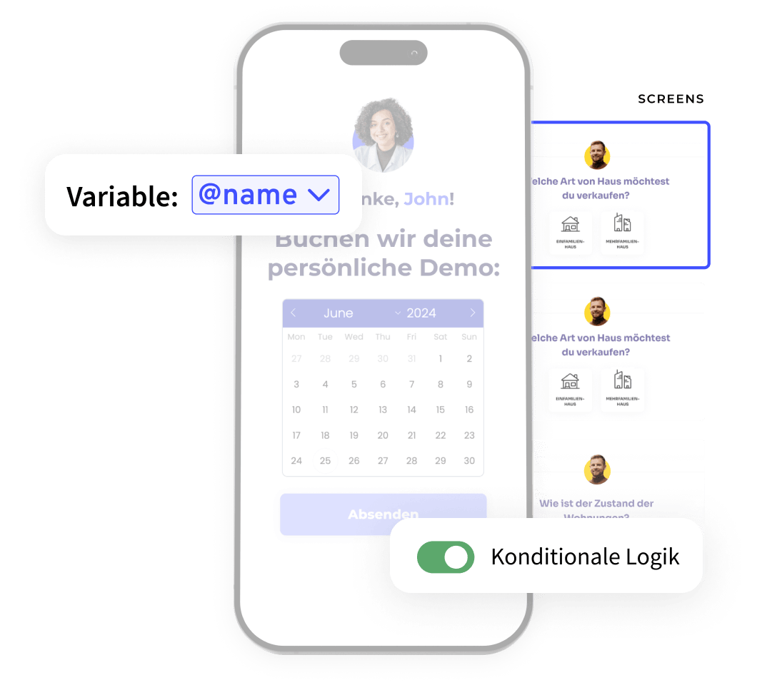 Mobiltelefon mit einem Heyflow-Screen und den folgenden Elementen: Variablen und konditionale Logik
