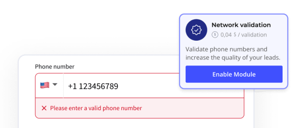 Heyflow's phone number validation feature, giving an error message to an incorrect number