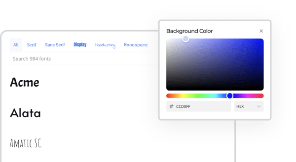 Heyflow screenshot showing custom font picker and color picker