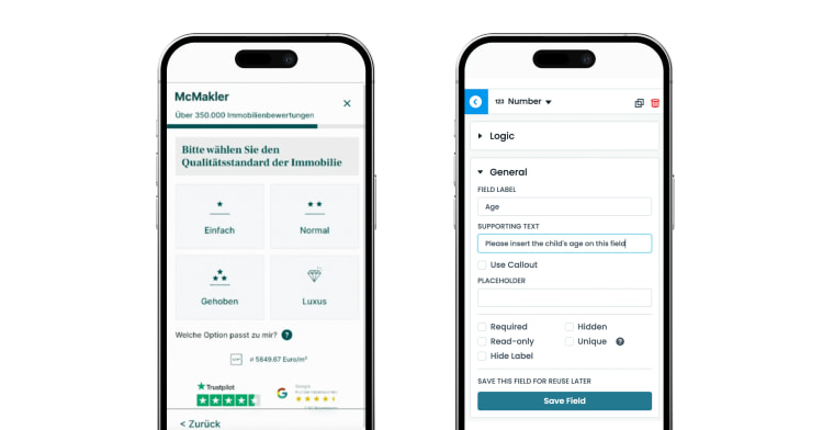 Mobilgerät, das einen Heyflow zeigt neben einem anderen Mobilgerät, dass ein Formstack-Formular zeigt