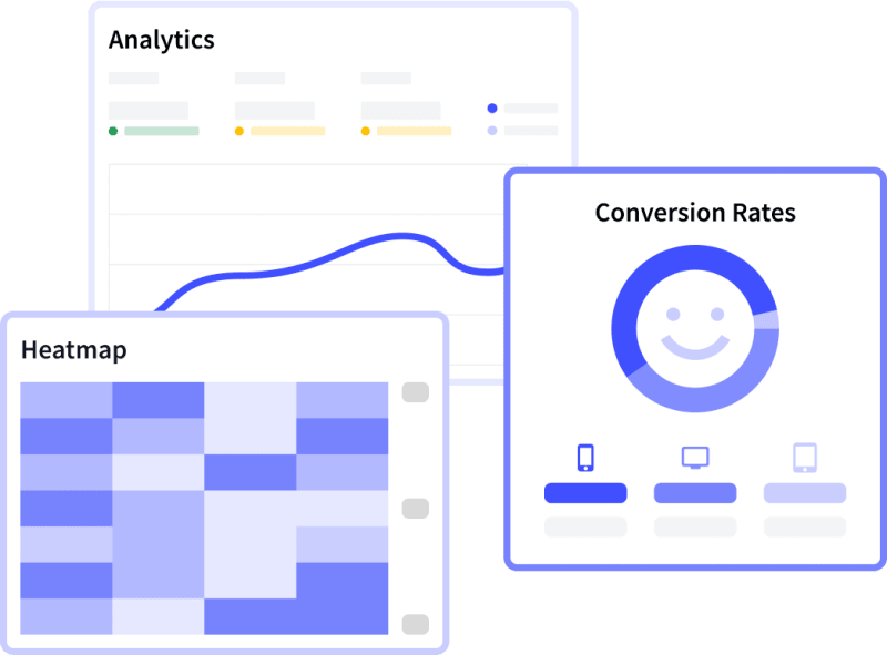 Allgemeine Screenshots der Seiten Analytics, Heatmap und Conversion-Raten.