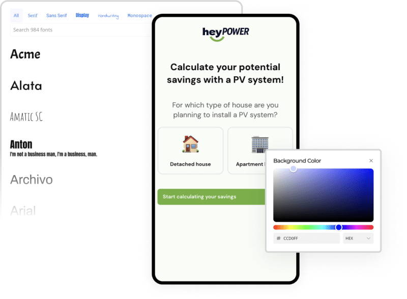 Screenshot eines mobilen HeyPower-Flows mit zusätzlichen Einstellungen für Schriftarten und Hintergrundfarbe