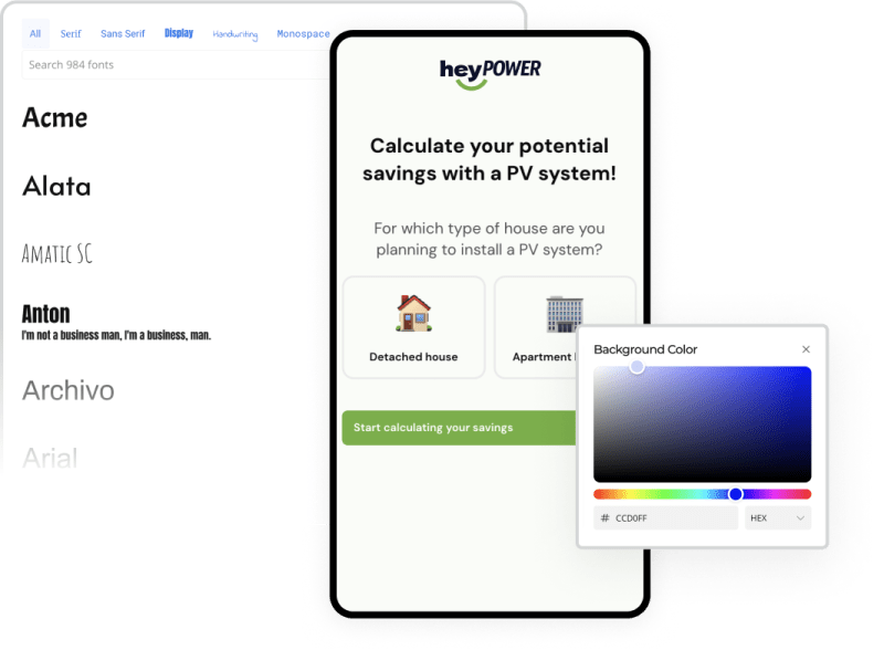 Screenshot of a HeyPower mobile flow with addition settings for fonts and background color
