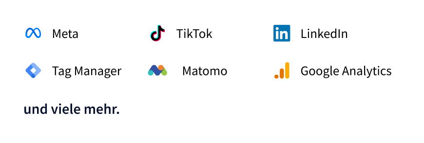 Meta-, TikTok-, LinkedIn-, Tag Manager-, Matomo- und Google Analytics-Logos mit einem Textspruch und viele mehr.