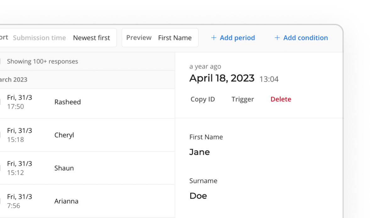 Screenshot of responses inside the Heyflow dashboard