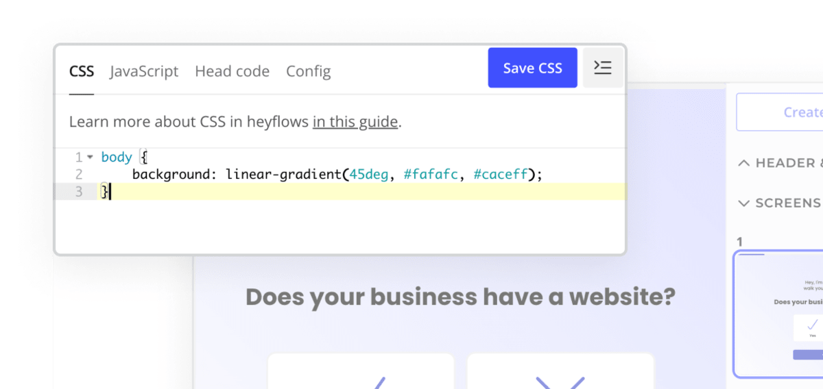 Screenshot of Heyflow's CSS capabilities to create a gradient background