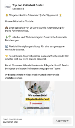 Eine Meta-Anzeige einer Social-Recruiting-Agentur, die eine offene Stelle bewirbt