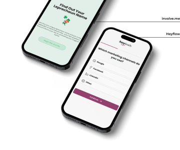 Two mobile devices next to each other with Heyflow and involve.me flows