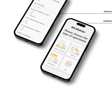 Two mobile devices next to each other with Heyflow and Jotform flows