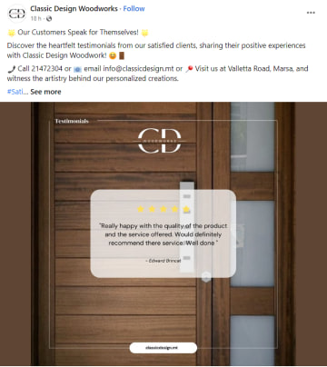 Meta Ad by a furniture store showing a customer testimonial