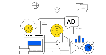 Illustration of ads, budgets and other ads-related symbols