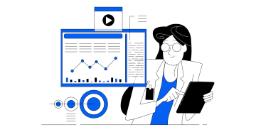 Illustration showing a woman surrounded by ads, graphs, and other ads-related symbols