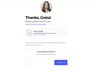 Screenshot: job application, upload CV