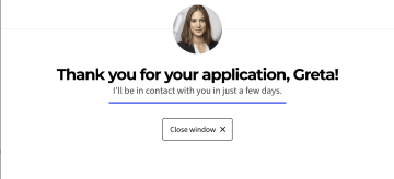 Screenshot of job application, thank you screen