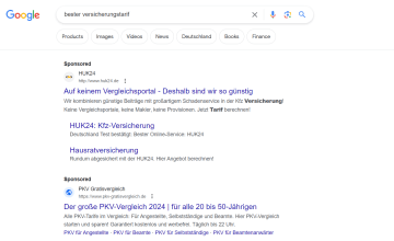 Screenshot von Google Ads einiger Versicherungsunternehmen