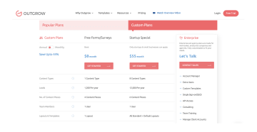 Screenshot showing Outgrow's pricing packages