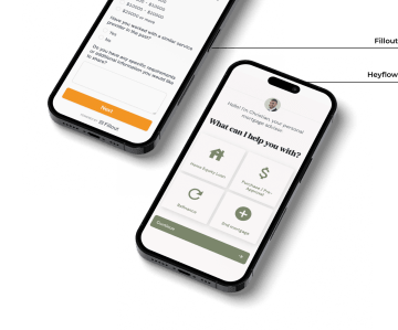 Two mobile devices showing forms from Fillout and Heyflow