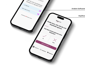 Zwei mobile Geräte nebeneinander mit Heyflow- und Veetomo-Flows