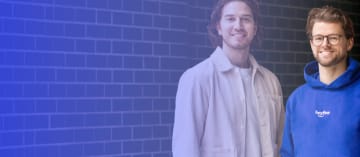 Amir und Dustin lächeln neben einem Text „$16 Mio. Series A“ und den Logos von Heyflow, Singular, Project A und Atlantic Labs