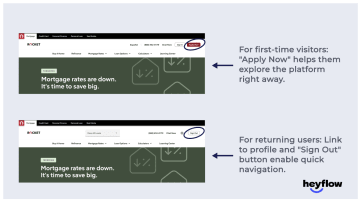 a screenshot showing 2 different versions of CTA button on Rocket Mortgage website