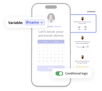 Mobile device showing a flow and highlighted items: custom variable and conditional logic