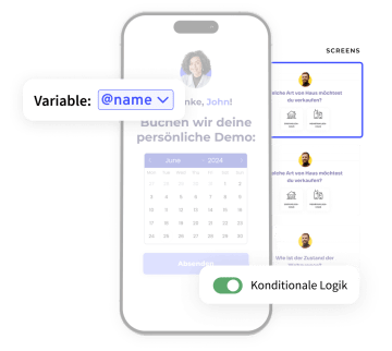 Mobiltelefon mit einem Heyflow-Screen und den folgenden Elementen: Variablen und konditionale Logik
