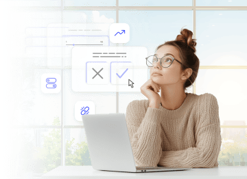A white woman in front of an open laptop gazes thoughtfully at a cloud near her head filled with icons of lead generator platforms.