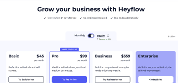 Screenshot showing Heyflow's pricing plans