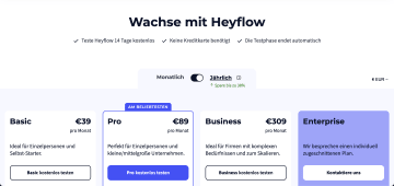 Screenshot, der Heyflows Preispläne zeigt
