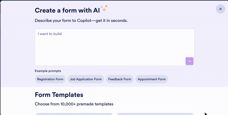 Screen recording of Jotform's AI-assisted form builder, demonstrating the process with prompts like "I want to build a registration form for students," complete with a leading scroll-down available with form templates