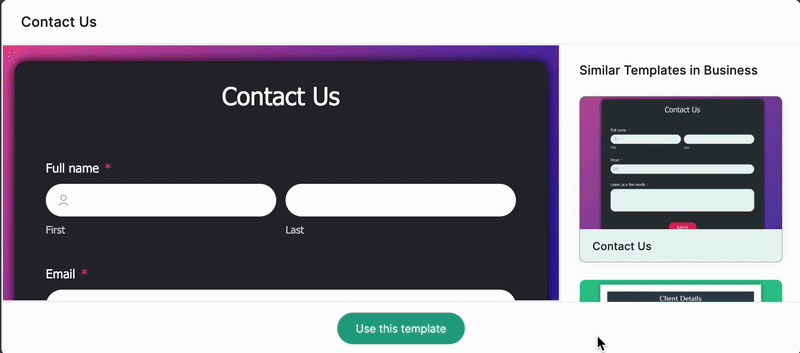 Screen recording of Zoho forms 'Contact Us' template, a form builder for insurance comanies