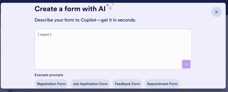 Screen recording of AI assist, creating a form with Jotform.