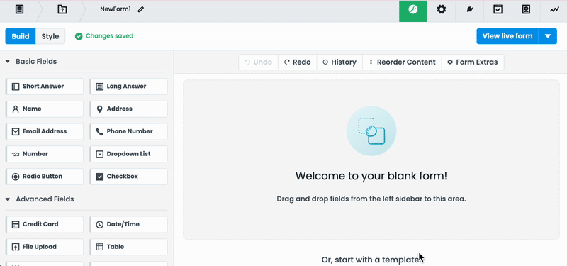 Screen recording of Formstack form builder in action, demonstrating their drag-and-drop builder.