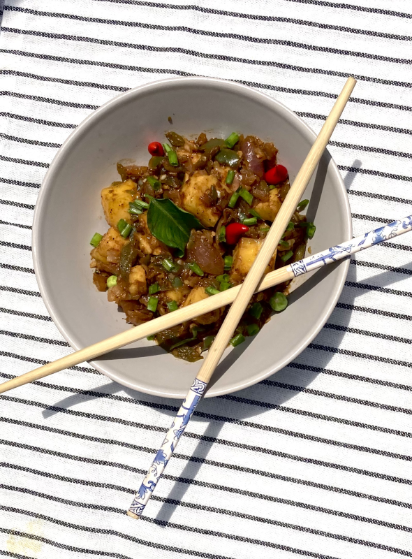 A fast stir-fry with crunchy bell peppers and onions, cooked in an Asian-style sauce