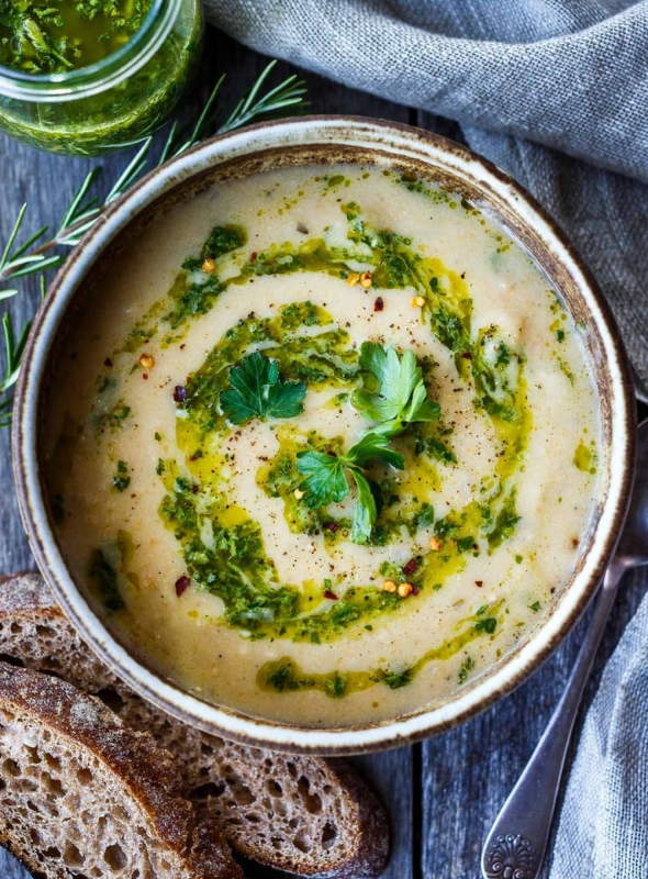 A coconuty, gluten-free soup with calcium-rich amaranth seeds, sweet potato, and a liberal helping of spinach