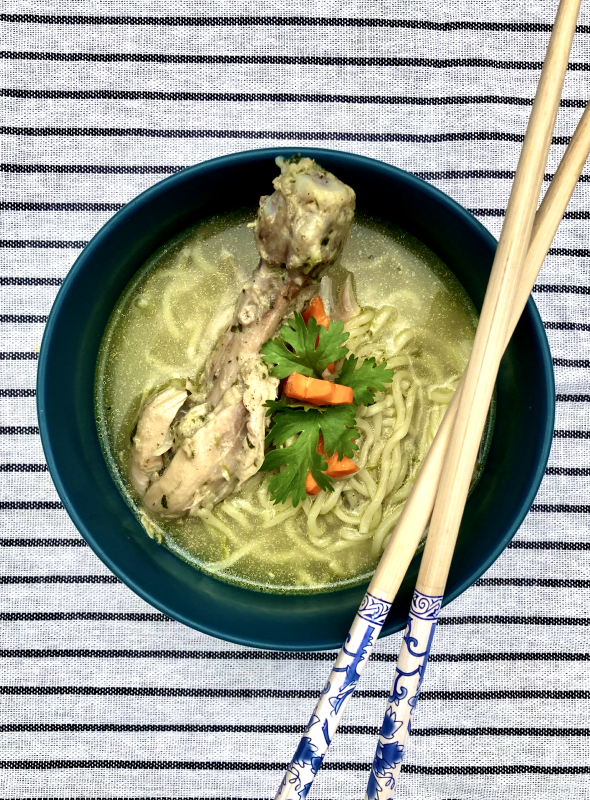 Chicken pieces cooked with noodles, coriander, mint and milk. Makes for a flavorful bowl of comfort soup