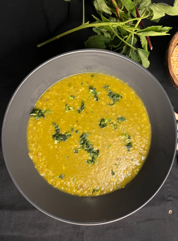 Moong Dal with Gongura has a natural tangy taste from the Gongura leaves and is packed with flavors from garlic and subtle spices. Pair with Rice