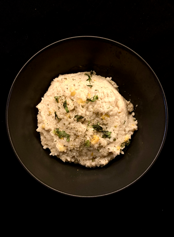 A great homemade risotto made with corn and dairy. That also has garlic and celery as flavor boosters