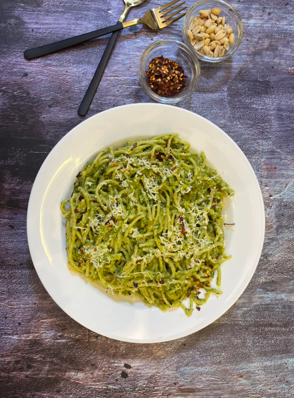 A new take on traditional winter pesto pasta made from parsley and peanuts instead of basil and pine nuts. Parsley pesto is a great and more affordable version of the traditional basil pesto. Pair with Toasted Bread