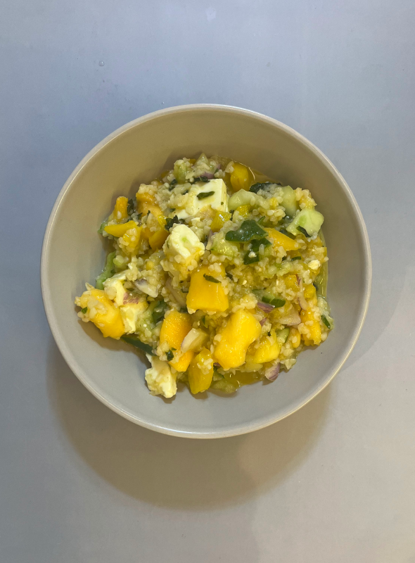 Amidst the summer's heat and light, a salad of mangoes is an exotic delight. Cucumber and onions add plenty of crunches while daliya provides the base for all the flavors of the dressing to soak in. Pair with Juice/Water