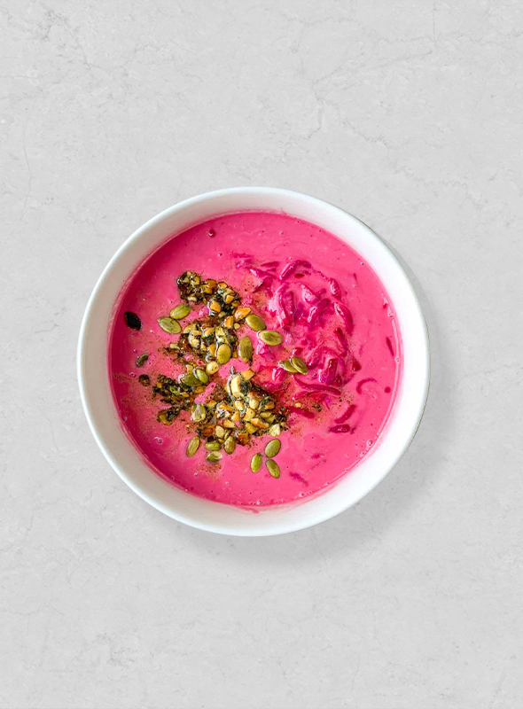 Beetroot raita is a refreshing and colorful yogurt-based dish popular in Indian cuisine. It is made by blending grated beetroot with yogurt and spices like cumin, salt, and pepper. The resulting dish is creamy, tangy, and slightly sweet, with a vibrant pink hue. It can be served as a side dish or a dip